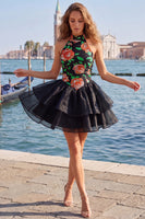 Load image into Gallery viewer, Blue and Black Floral High Neck Ruffled Tiered Short Homecoming Dress