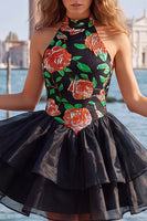 Load image into Gallery viewer, Blue and Black Floral High Neck Ruffled Tiered Short Homecoming Dress