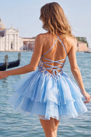Load image into Gallery viewer, Blue and Black Floral High Neck Ruffled Tiered Short Homecoming Dress