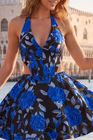 Load image into Gallery viewer, Floral Blue and Black Halter Neck Cut Out Corset Short Homecoming Dress