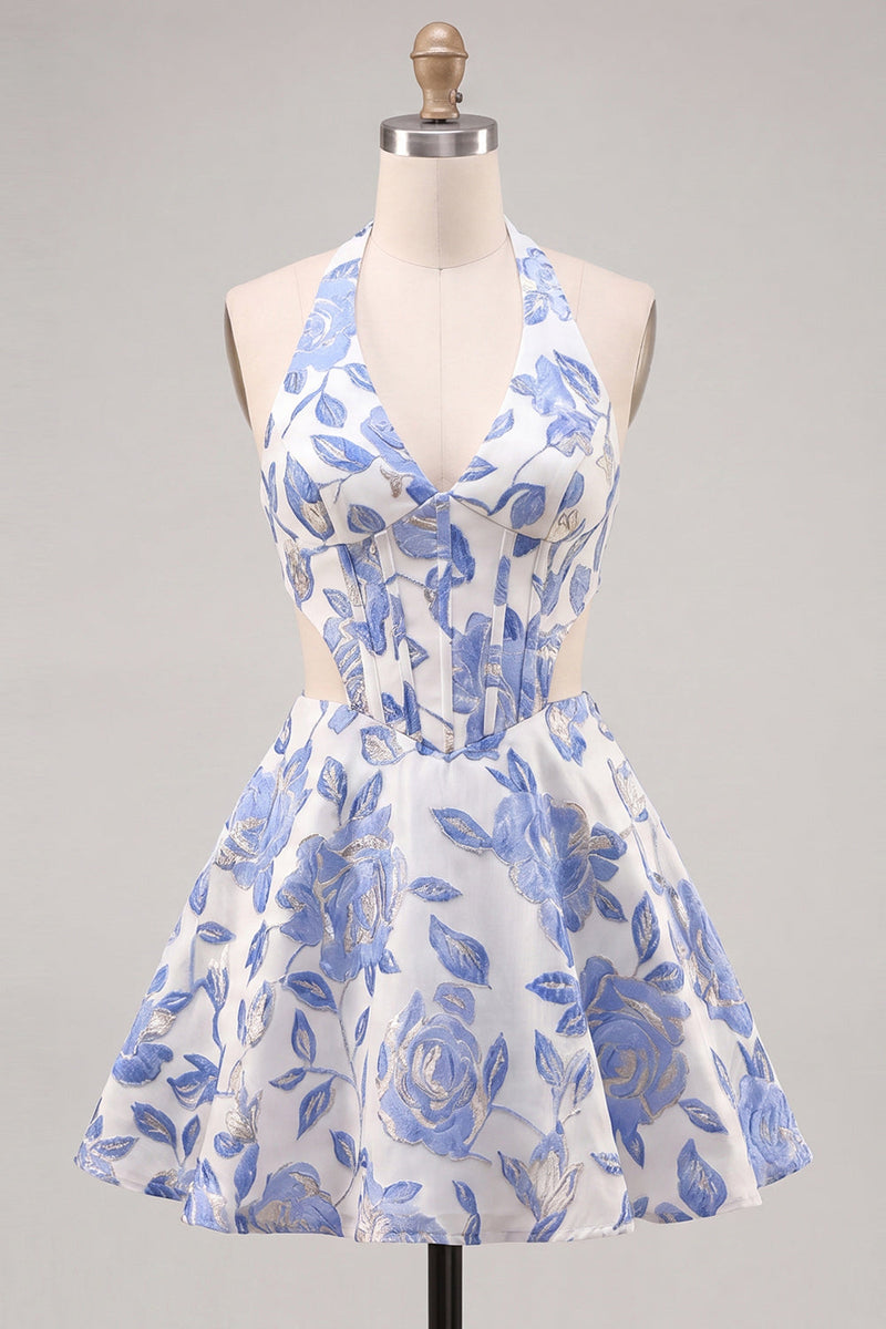 Load image into Gallery viewer, Floral Blue and Black Halter Neck Cut Out Corset Short Homecoming Dress