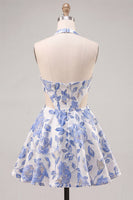 Load image into Gallery viewer, Floral Blue and Black Halter Neck Cut Out Corset Short Homecoming Dress
