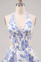 Load image into Gallery viewer, Floral Blue and Black Halter Neck Cut Out Corset Short Homecoming Dress
