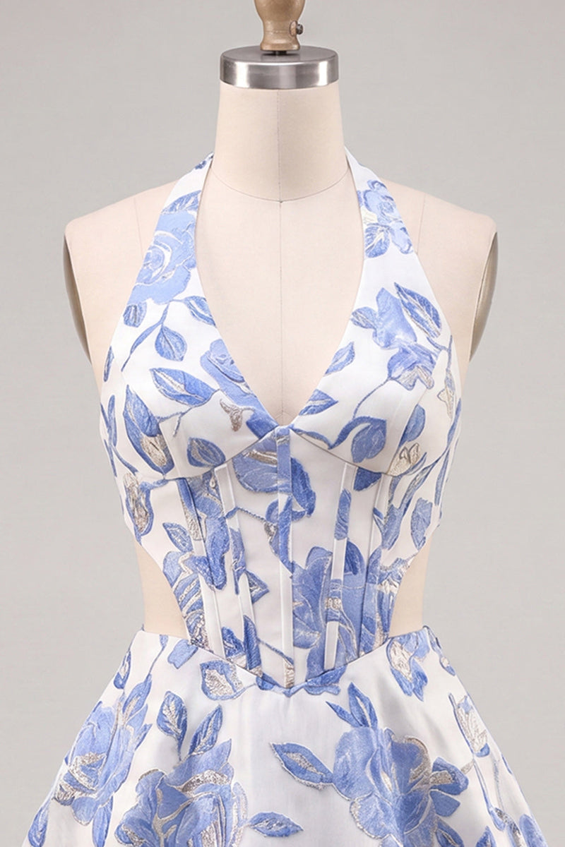 Load image into Gallery viewer, Floral Blue and Black Halter Neck Cut Out Corset Short Homecoming Dress