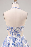 Load image into Gallery viewer, Floral Blue and Black Halter Neck Cut Out Corset Short Homecoming Dress