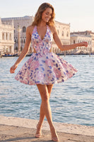 Load image into Gallery viewer, Floral Blue and Black Halter Neck Cut Out Corset Short Homecoming Dress