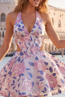 Load image into Gallery viewer, Floral Blue and Black Halter Neck Cut Out Corset Short Homecoming Dress
