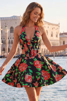 Load image into Gallery viewer, Floral Blue and Black Halter Neck Cut Out Corset Short Homecoming Dress