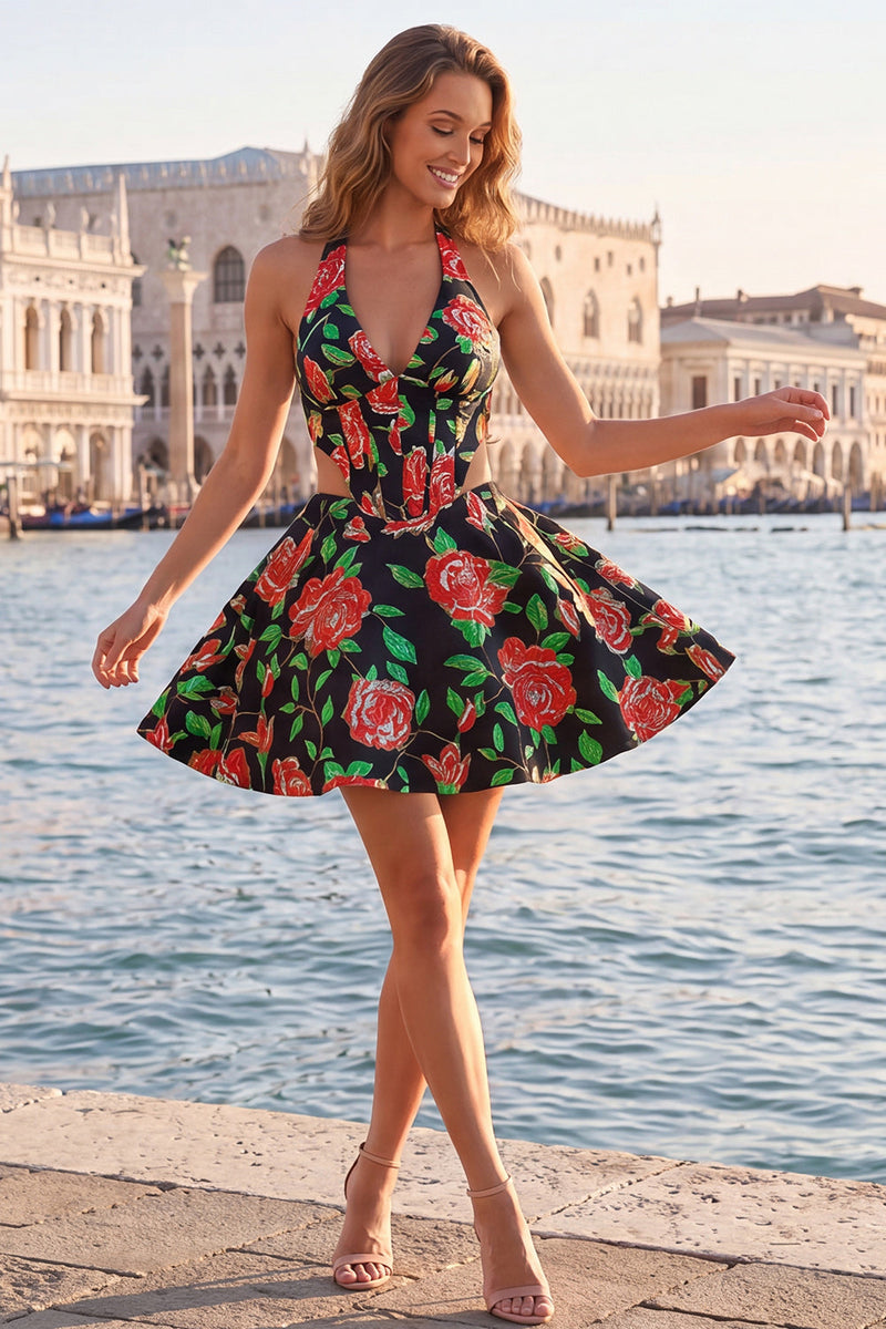 Load image into Gallery viewer, Floral Blue and Black Halter Neck Cut Out Corset Short Homecoming Dress