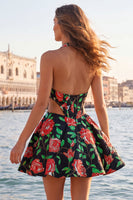 Load image into Gallery viewer, Floral Blue and Black Halter Neck Cut Out Corset Short Homecoming Dress