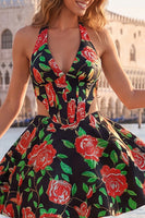 Load image into Gallery viewer, Floral Blue and Black Halter Neck Cut Out Corset Short Homecoming Dress