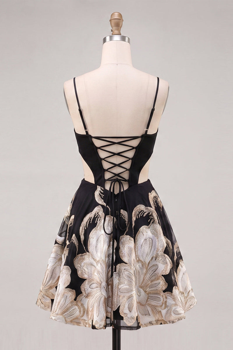 Load image into Gallery viewer, Sparkly Floral Black A-Line Corset Short Homecoming Dress