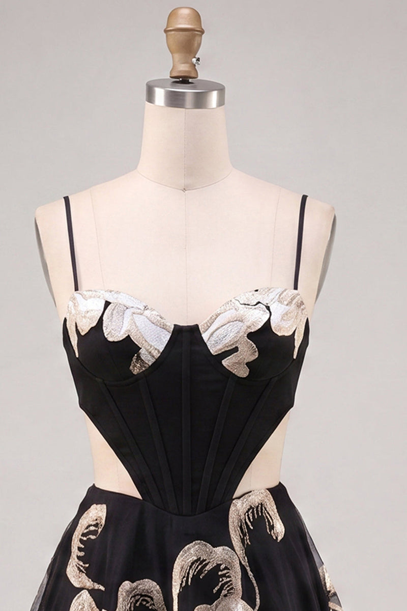 Load image into Gallery viewer, Sparkly Floral Black A-Line Corset Short Homecoming Dress