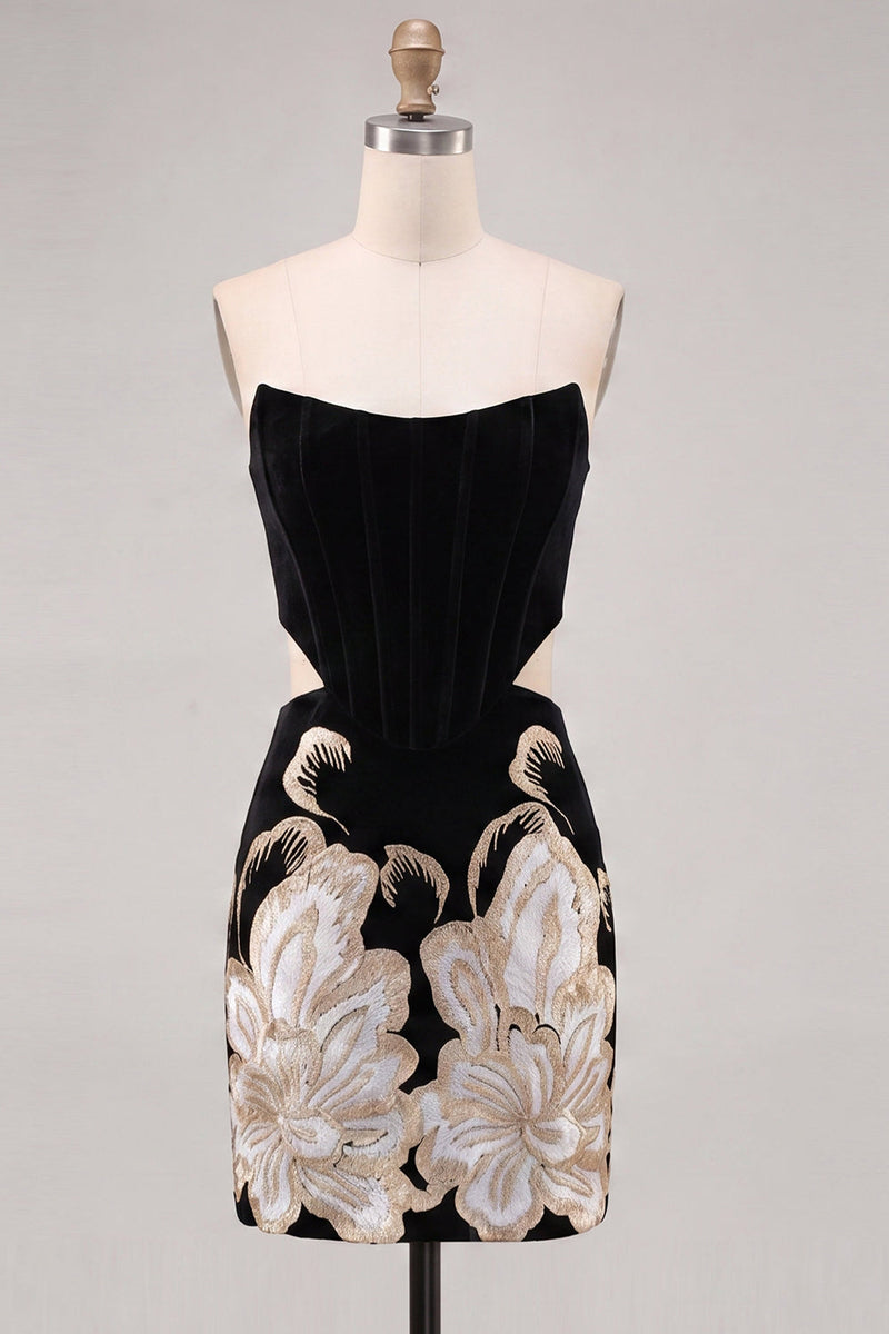 Load image into Gallery viewer, Floral Velvet Black Strapless Cut Out Corset Tight Short Homecoming Dress