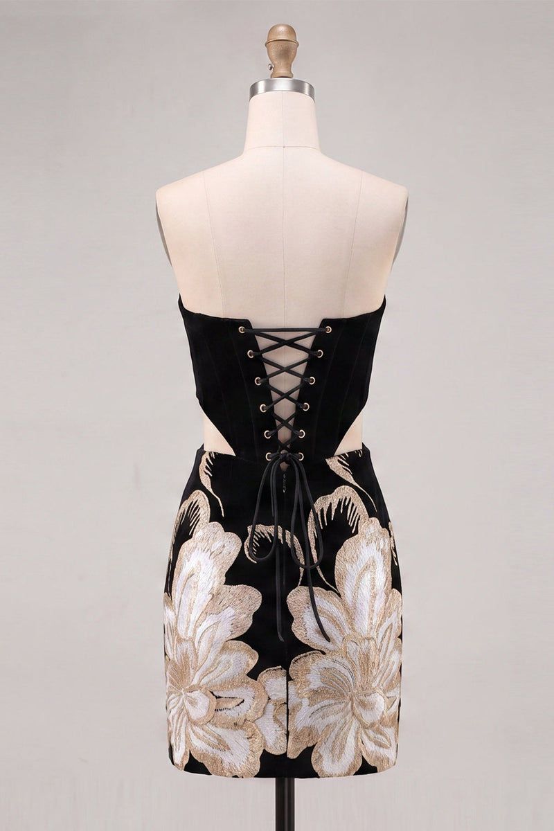 Load image into Gallery viewer, Floral Velvet Black Strapless Cut Out Corset Tight Short Homecoming Dress