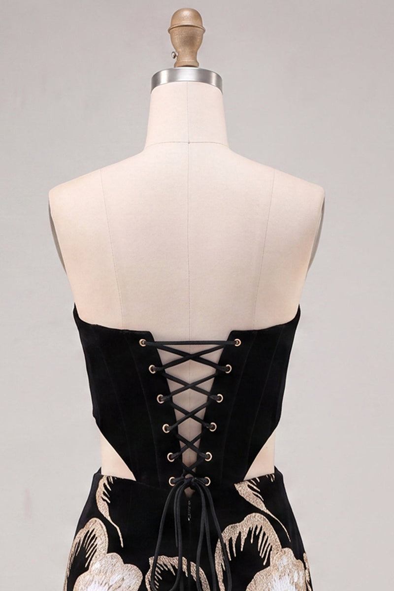 Load image into Gallery viewer, Floral Velvet Black Strapless Cut Out Corset Tight Short Homecoming Dress