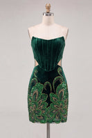 Load image into Gallery viewer, Floral Velvet Black Strapless Cut Out Corset Tight Short Homecoming Dress