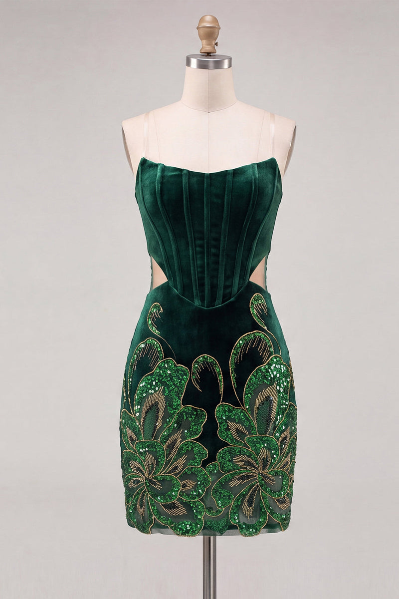 Load image into Gallery viewer, Floral Velvet Black Strapless Cut Out Corset Tight Short Homecoming Dress