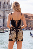 Load image into Gallery viewer, Sparkly Floral Velvet Black Sequin Corset Tight Short Homecoming Dress