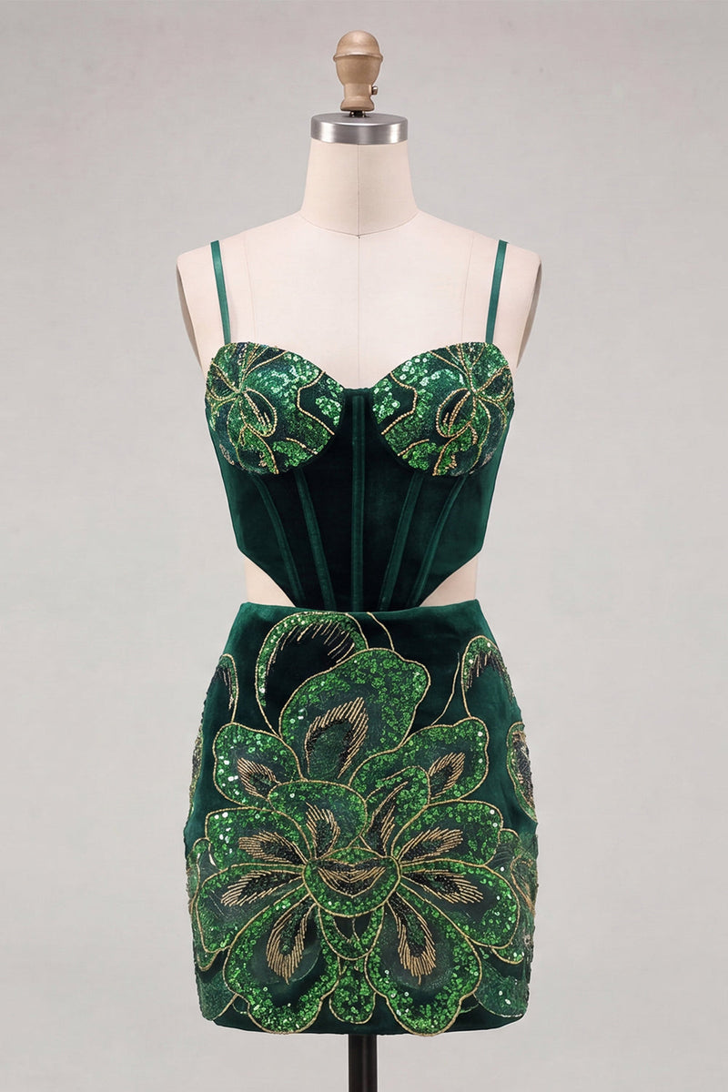 Load image into Gallery viewer, Sparkly Floral Velvet Black Sequin Corset Tight Short Homecoming Dress
