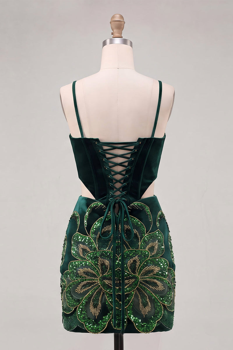 Load image into Gallery viewer, Sparkly Floral Velvet Black Sequin Corset Tight Short Homecoming Dress