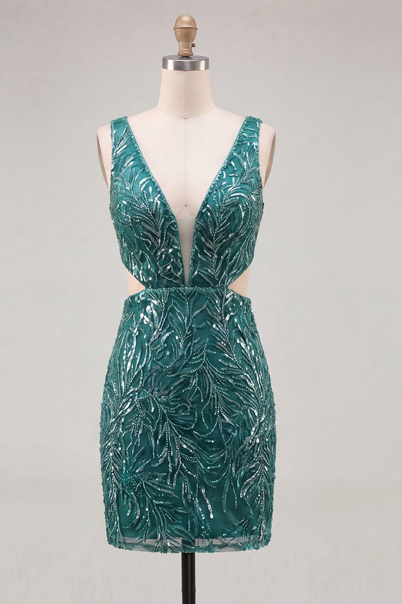 Load image into Gallery viewer, Sparkly Green V-Neck Sequin Tight Short Homecoming Dress