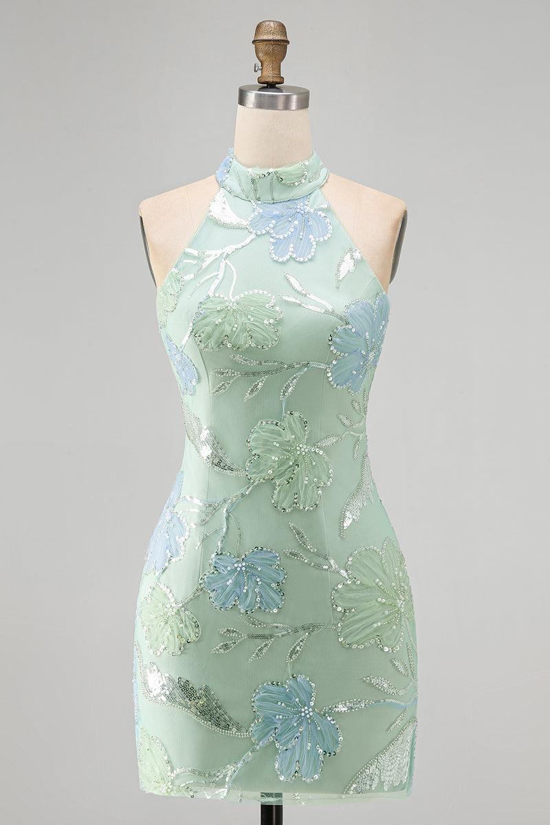 Load image into Gallery viewer, Sparkly Mint Green Floral Sequin Tight Short Homecoming Dress