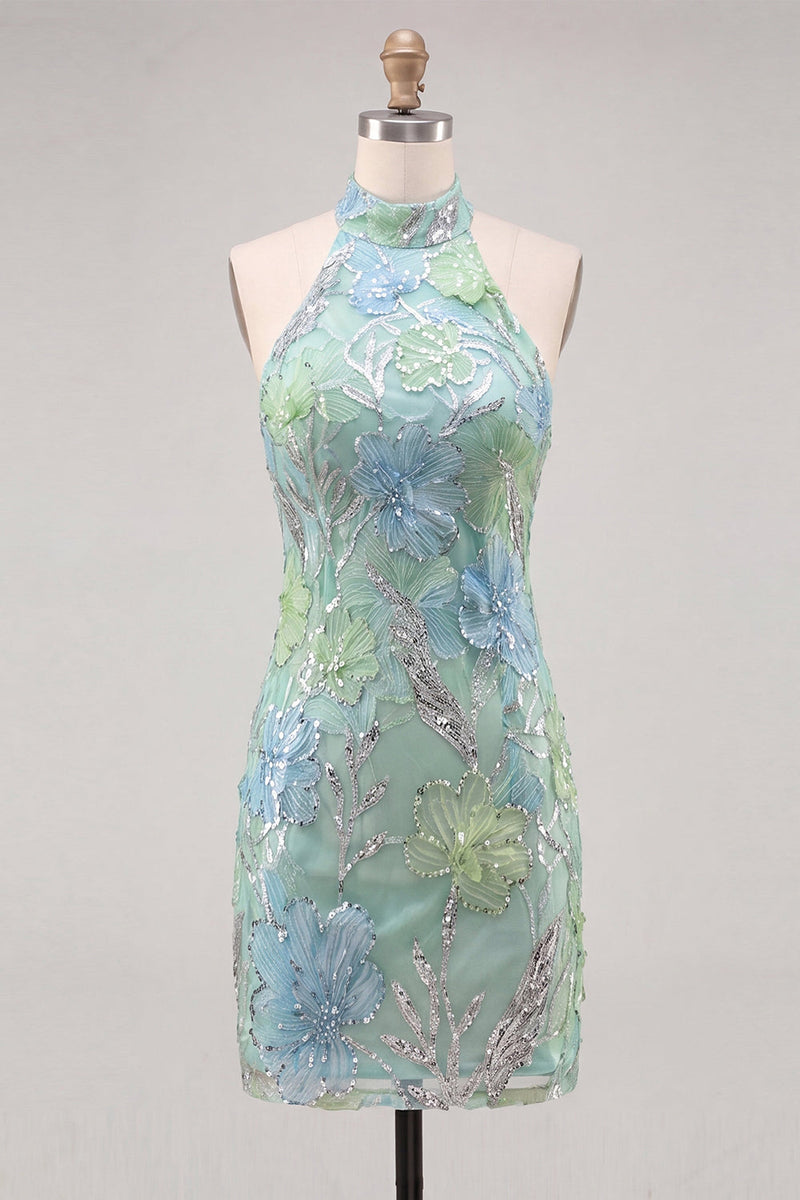 Load image into Gallery viewer, Sparkly Mint Green Floral Sequin Tight Short Homecoming Dress