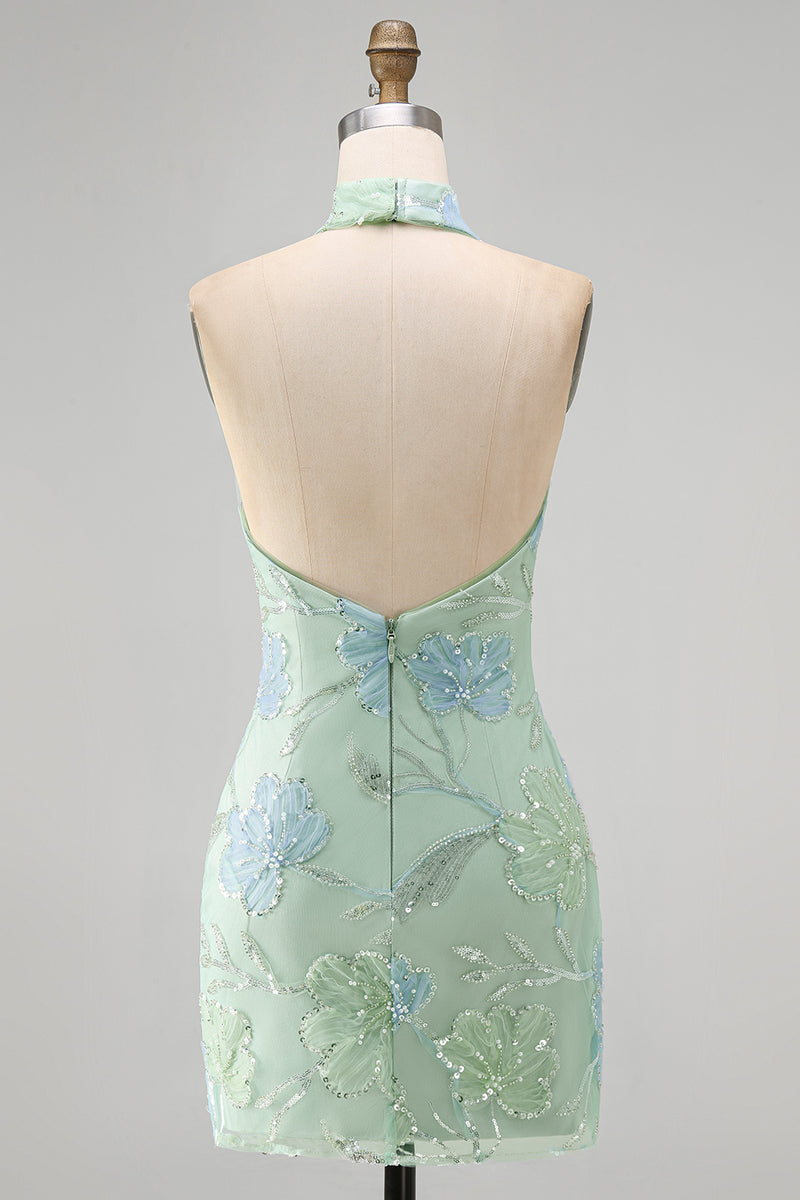 Load image into Gallery viewer, Sparkly Mint Green Floral Sequin Tight Short Homecoming Dress