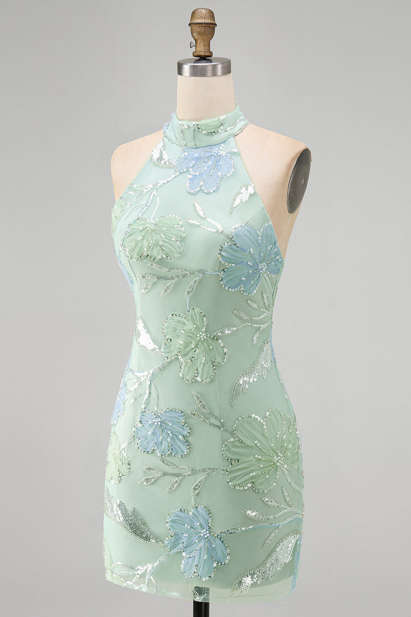 Load image into Gallery viewer, Sparkly Mint Green Floral Sequin Tight Short Homecoming Dress