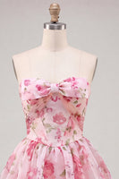 Load image into Gallery viewer, Floral Light Blue A Line Sweetheart Short Homecoming Dress with Bow