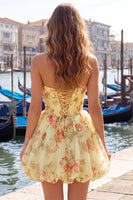 Load image into Gallery viewer, Floral Light Blue A Line Sweetheart Short Homecoming Dress with Bow