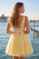 Load image into Gallery viewer, Yellow Floral V-Neck A-Line Short Homecoming Dress