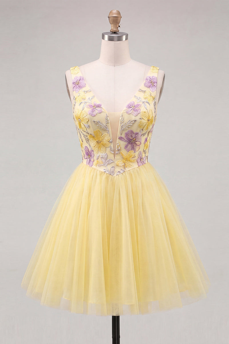Load image into Gallery viewer, Yellow Floral V-Neck A-Line Short Homecoming Dress