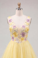 Load image into Gallery viewer, Yellow Floral V-Neck A-Line Short Homecoming Dress
