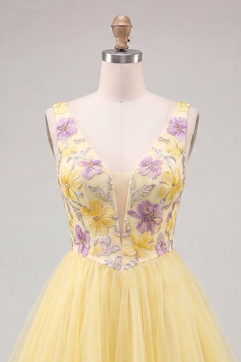 Load image into Gallery viewer, Yellow Floral V-Neck A-Line Short Homecoming Dress