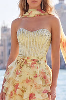 Load image into Gallery viewer, Sparkly Floral Yellow Corset Sweetheart Beaded Short Homecoming Dress