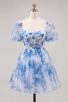 Load image into Gallery viewer, Floral Dusty Sage Square Neck Corset Short Homecoming Dress with Sleeves