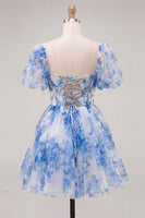 Load image into Gallery viewer, Floral Dusty Sage Square Neck Corset Short Homecoming Dress with Sleeves