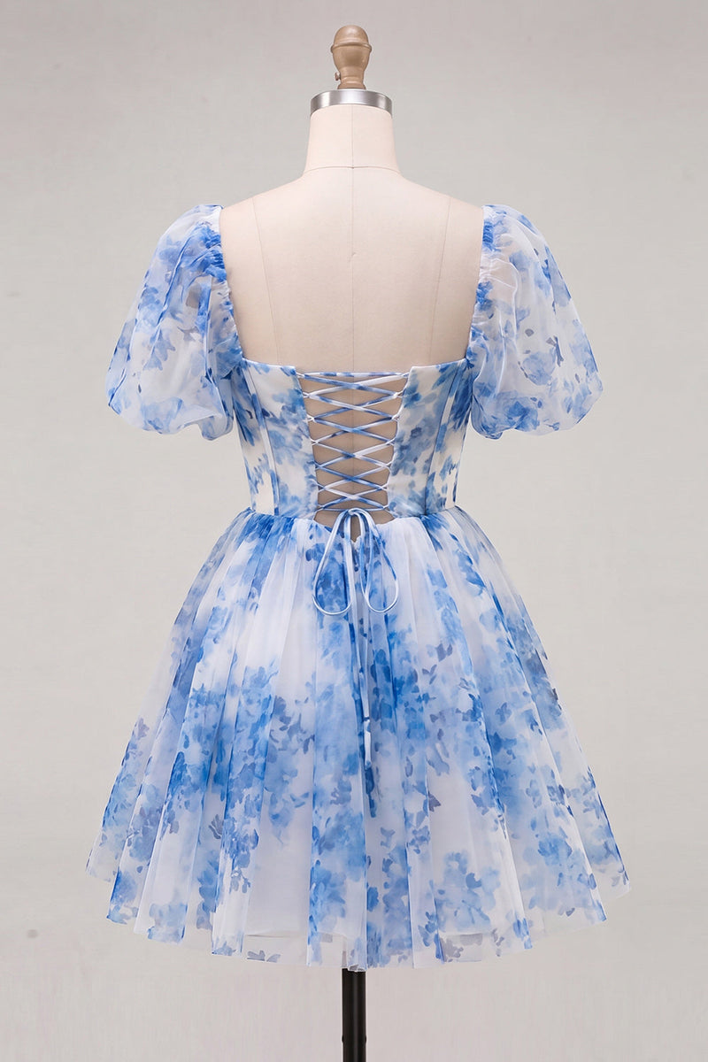 Load image into Gallery viewer, Floral Dusty Sage Square Neck Corset Short Homecoming Dress with Sleeves