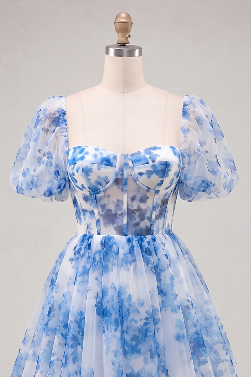 Load image into Gallery viewer, Floral Dusty Sage Square Neck Corset Short Homecoming Dress with Sleeves