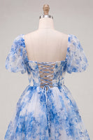 Load image into Gallery viewer, Floral Dusty Sage Square Neck Corset Short Homecoming Dress with Sleeves
