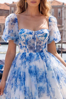 Load image into Gallery viewer, Floral Dusty Sage Square Neck Corset Short Homecoming Dress with Sleeves