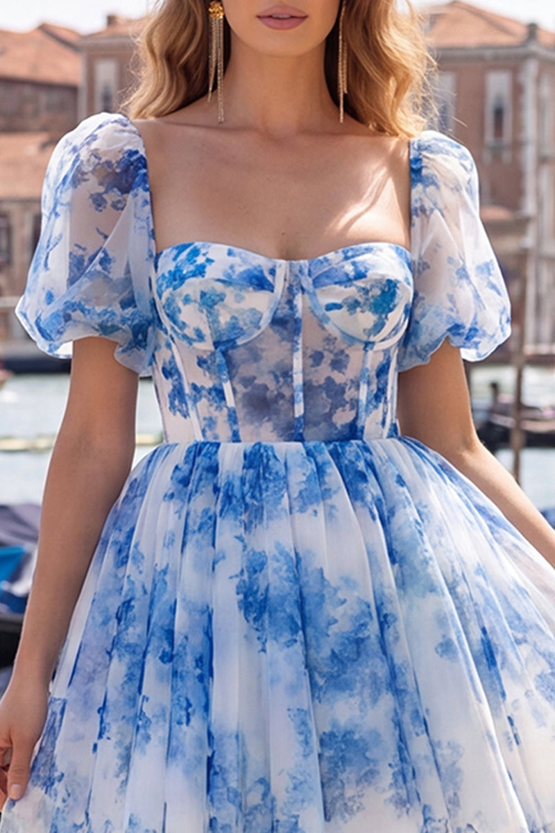 Load image into Gallery viewer, Floral Dusty Sage Square Neck Corset Short Homecoming Dress with Sleeves
