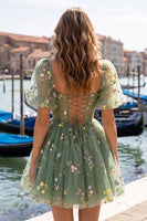 Load image into Gallery viewer, Floral Dusty Sage Square Neck Corset Short Homecoming Dress with Sleeves