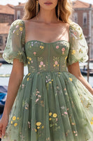 Load image into Gallery viewer, Floral Dusty Sage Square Neck Corset Short Homecoming Dress with Sleeves
