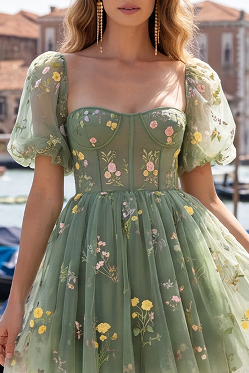 Load image into Gallery viewer, Floral Dusty Sage Square Neck Corset Short Homecoming Dress with Sleeves