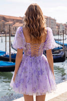 Load image into Gallery viewer, Floral Dusty Sage Square Neck Corset Short Homecoming Dress with Sleeves