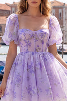 Load image into Gallery viewer, Floral Dusty Sage Square Neck Corset Short Homecoming Dress with Sleeves