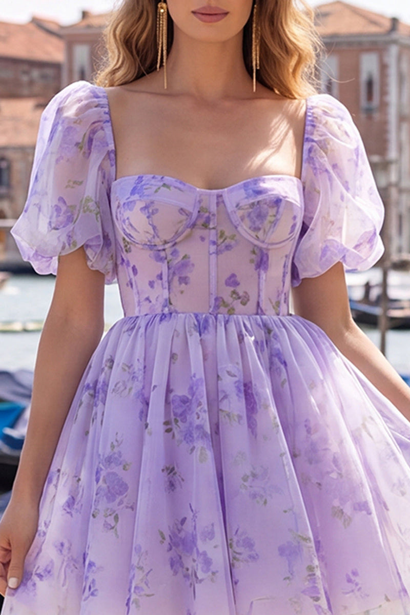Load image into Gallery viewer, Floral Dusty Sage Square Neck Corset Short Homecoming Dress with Sleeves